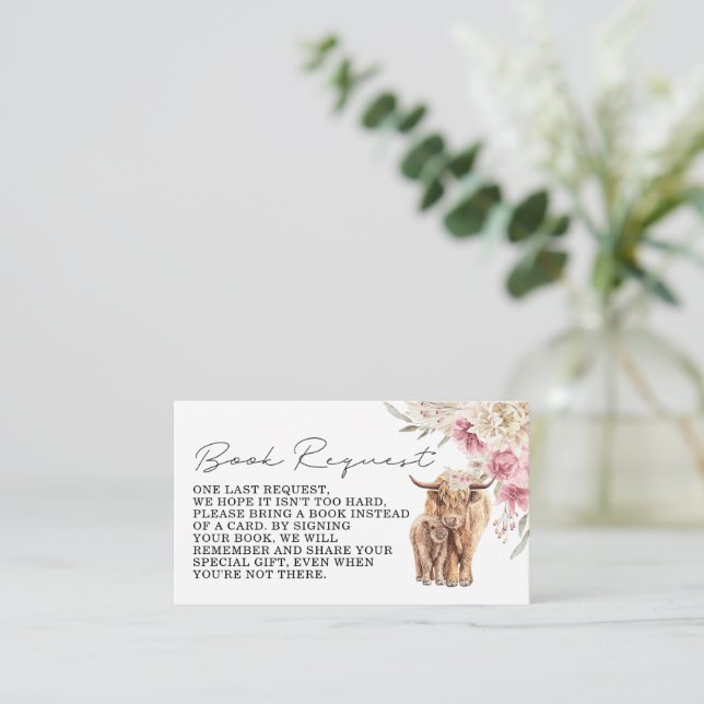 Tarjeta De Recepción Solicitud de libro floral Highland Cow Pink Boho I (Anverso de pie)