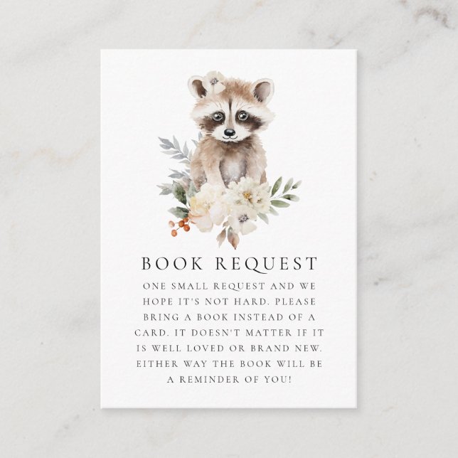 Tarjeta De Recepción Solicitud de libro para baby shower de mapache en  (Anverso)