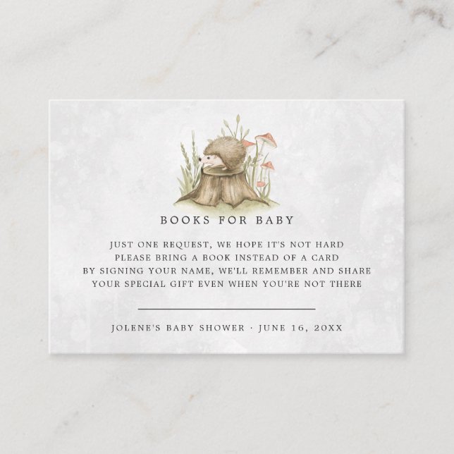 Tarjeta De Recepción Solicitud de libro | Woodland Hedgehog Baby Shower (Anverso)