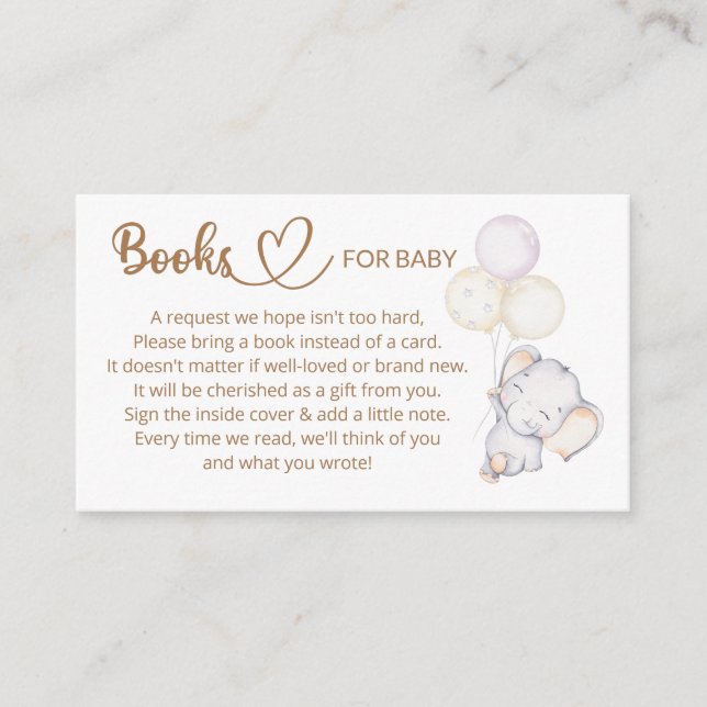 Tarjeta De Recepción Solicitud de libros para Baby Elephant Baby Shower (Anverso)