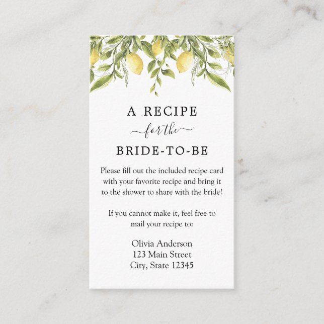 Tarjeta De Recepción Solicitud de receta de limón y vegetación (Anverso)