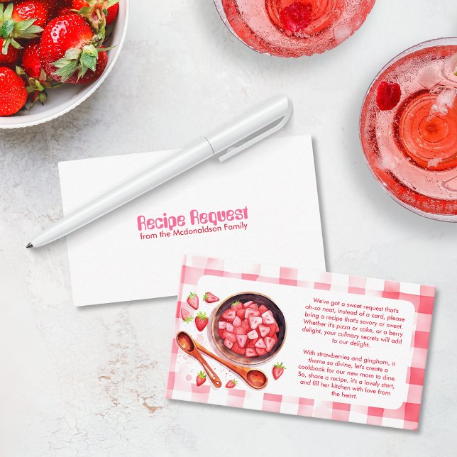 Tarjeta De Recepción Solicitud de receta de Strawberry Gingham (Strawberry Recipe card Request Baby Shower Invite set Watercolor Gingham Retro Cottagecore Custom )
