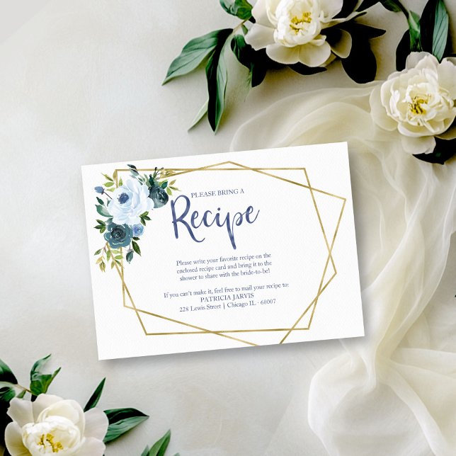 Tarjeta De Recepción Solicitud de receta floral azul con polvo geométri (Subido por el creador)