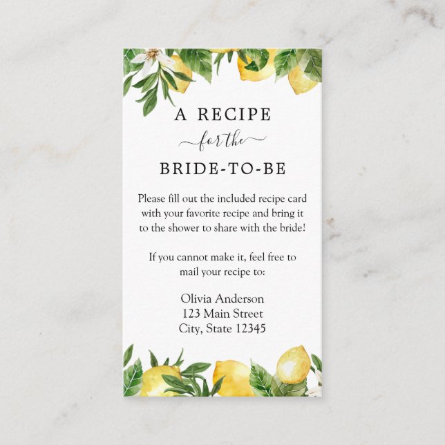 Tarjeta De Recepción Solicitud de receta para ducha de novia con limón (Anverso)