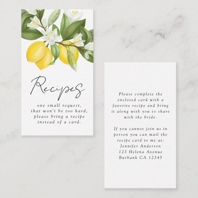 Tarjeta De Recepción Solicitud de receta para la ducha de novia Citrus  (Anverso / Reverso)