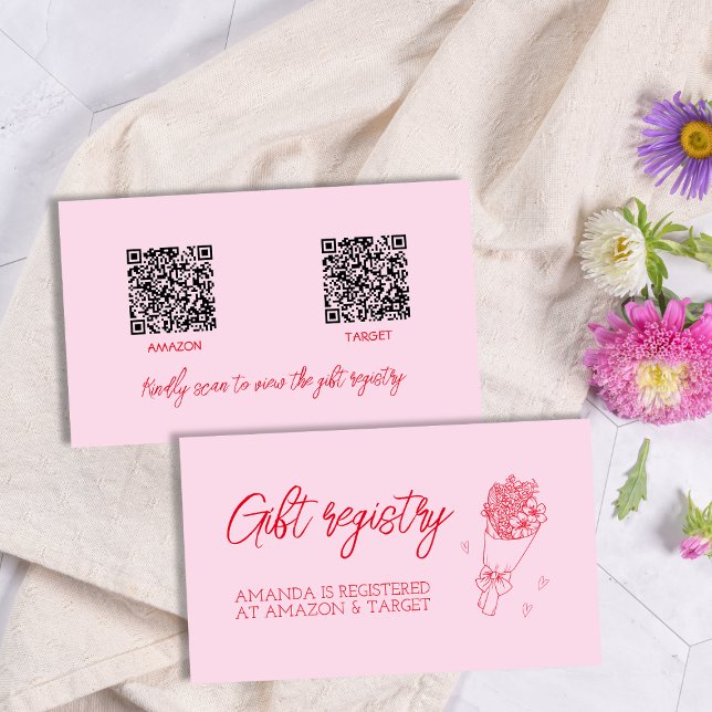 Tarjeta De Recepción Solicitud de regalo de mercado para granjeros Códi (Farmer's Market Gift Reqistry Pink & Red QR Code Enclosure Card)