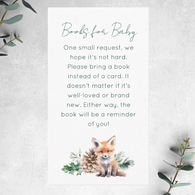 Tarjeta De Recepción Solicitud de un libro de Baby Shower para Woodland (This rustic woodland Book Request baby shower card features a cute fox and winter greenery)