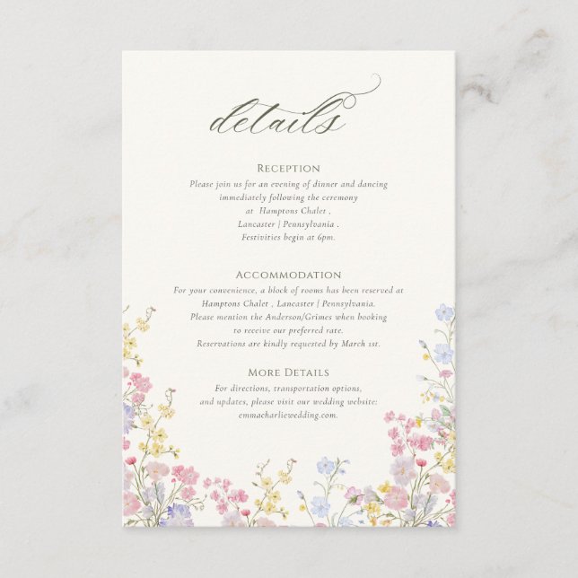 Tarjeta De Recepción Sophisticated Floral Calligraphy Wedding Details (Anverso)