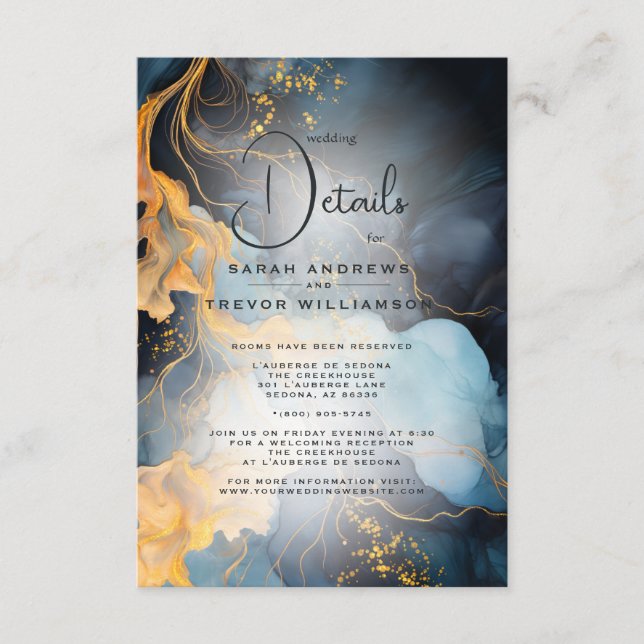 Tarjeta De Recepción Sorprendente resumen azul índigo y oro (Anverso)