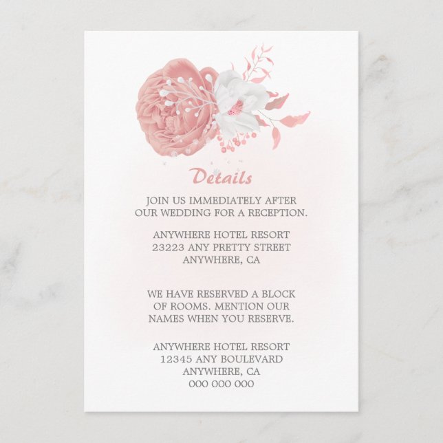 Tarjeta De Recepción sorprendentes detalles florales rosas y blancas (Anverso)