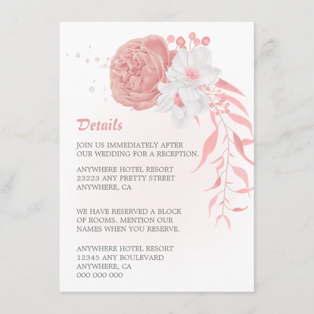 Tarjeta De Recepción sorprendentes detalles florales rosas y blancas (Anverso)
