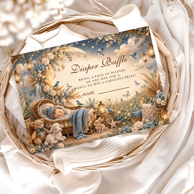 Tarjeta De Recepción Sorteo de Pañales Azul Elegante Boho (Subido por el creador)