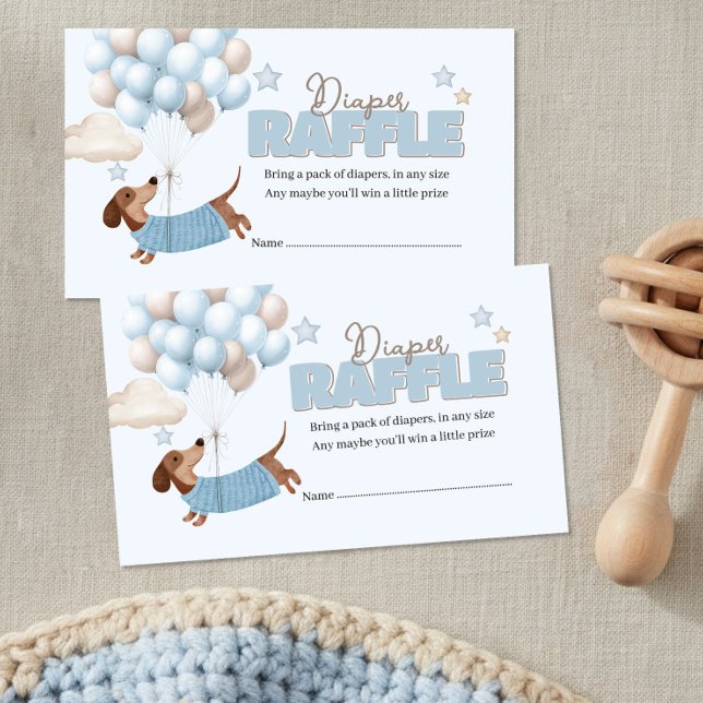 Tarjeta De Recepción Sorteo de pañales con Dachshund y globos azules (Baby Shower Diaper Raffle Tickets. Dachshund and balloons design in blue and beige)