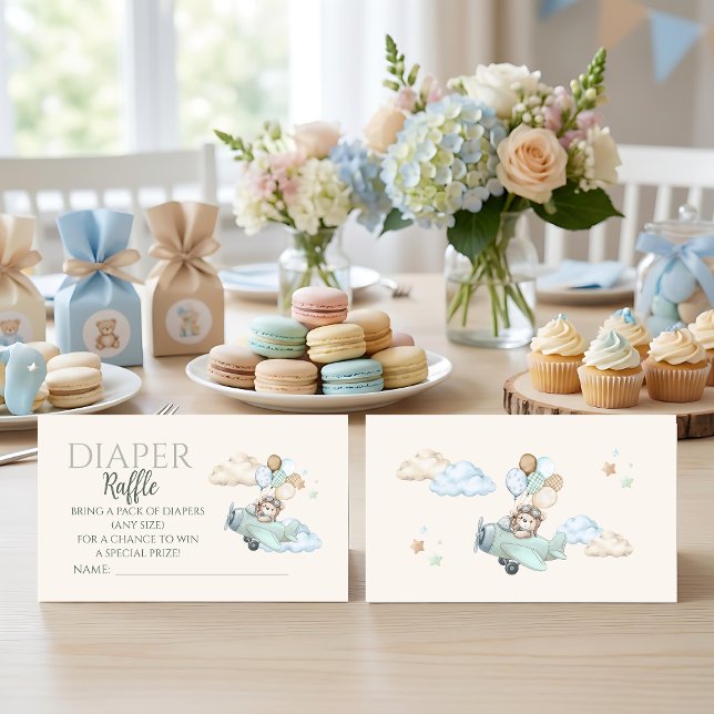 Tarjeta De Recepción Sorteo de Pañales para Niño Aviador No Podemos Esp (Aviator Teddy Bear Baby Shower Diaper Raffle Card. Blue Boy Airplane Game. We Can Bearly Wait.)