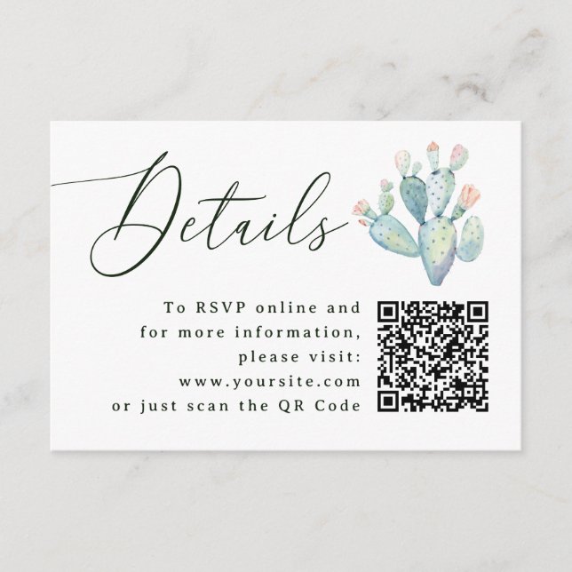Tarjeta De Recepción Southwestern Cactus Wedding Details + QR | Website (Anverso)