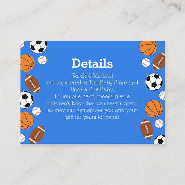 Tarjeta De Recepción Sports Baby Shower Co-ed Theme Boy Blue (Anverso)