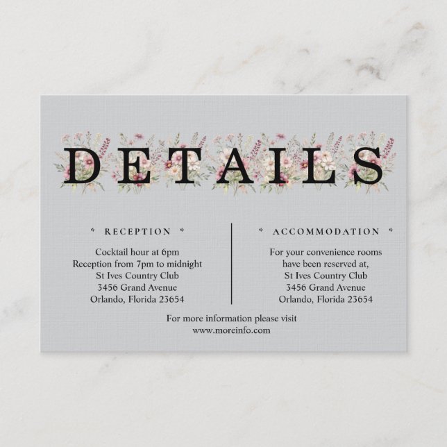 Tarjeta De Recepción Spring Floral light grey Details Enclosure Card (Anverso)