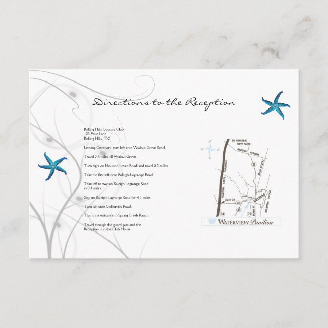 Tarjeta De Recepción Starfish azul con dirección Boda de coral plateado (Anverso)