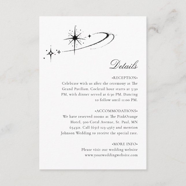 Tarjeta De Recepción Starry Minimalist Celestial Wedding Details (Anverso)