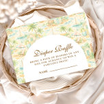 Tarjeta De Recepción Storybook Tropical Animals Diapper Raffle<br><div class="desc">A whimsical watercolor design featuring a playful mix of pastel summer animals surrounded by tropical leaves, seashells, starfish, and soft botanical details. The cheerful palette of peach, mint, coral, and soft blue creates a light storybook atmosphere, while the elegant arch layout keeps the celebration details beautifully framed and easy to...</div>