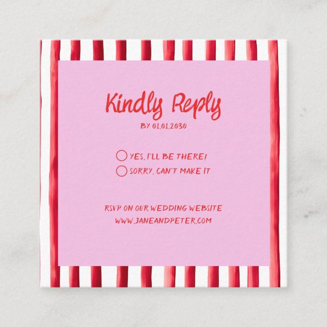 Tarjeta De Recepción Striped Pink & Red Handwriting Wedding (Anverso)