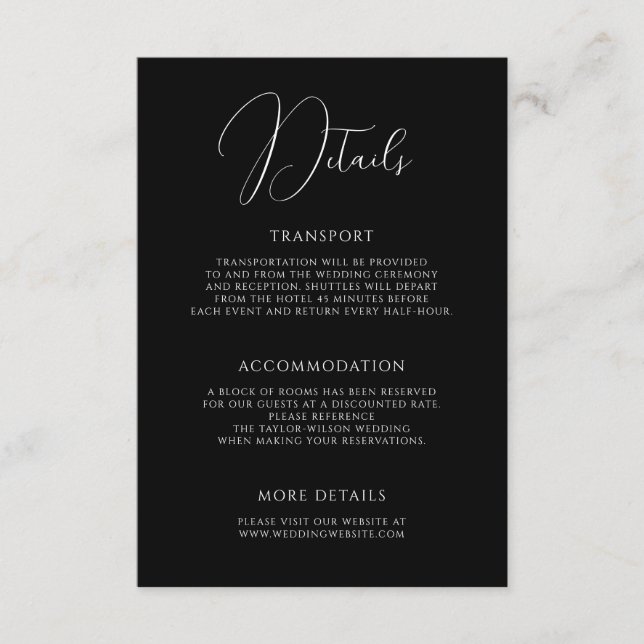 Tarjeta De Recepción Stylish Modern Script Black Wedding Details (Anverso)