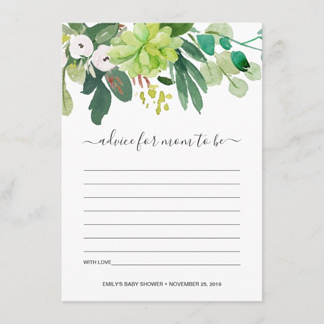 TARJETA DE RECEPCIÓN SUCCULENT FOLIAGE WATERCOLOR ACONSEJO BABY SHOWER (Anverso)