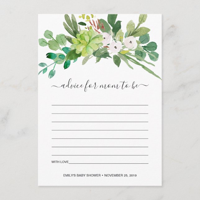 TARJETA DE RECEPCIÓN SUCCULENT FOLIAGE WATERCOLOR ACONSEJO BABY SHOWER (Anverso)
