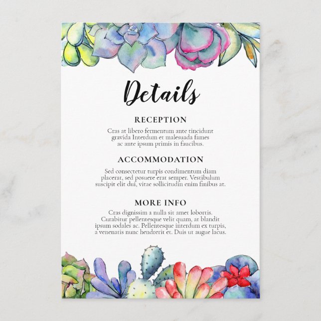 Tarjeta De Recepción Suculenta información sobre los invitados de los b (Anverso)