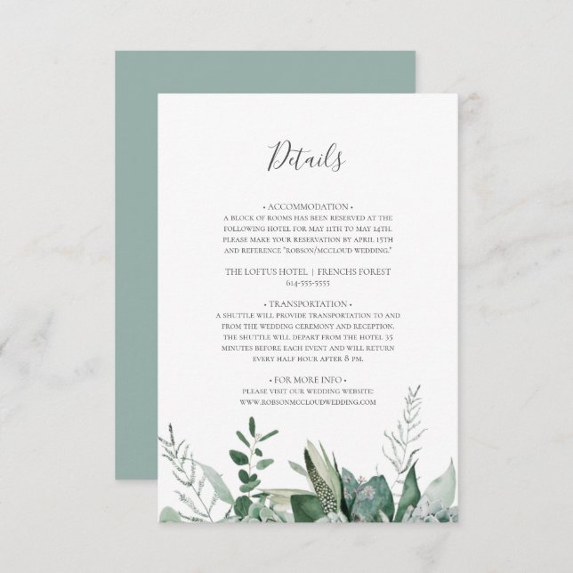 Tarjeta De Recepción Suculenta vegetación | Detalles del verde sabio (Anverso / Reverso)