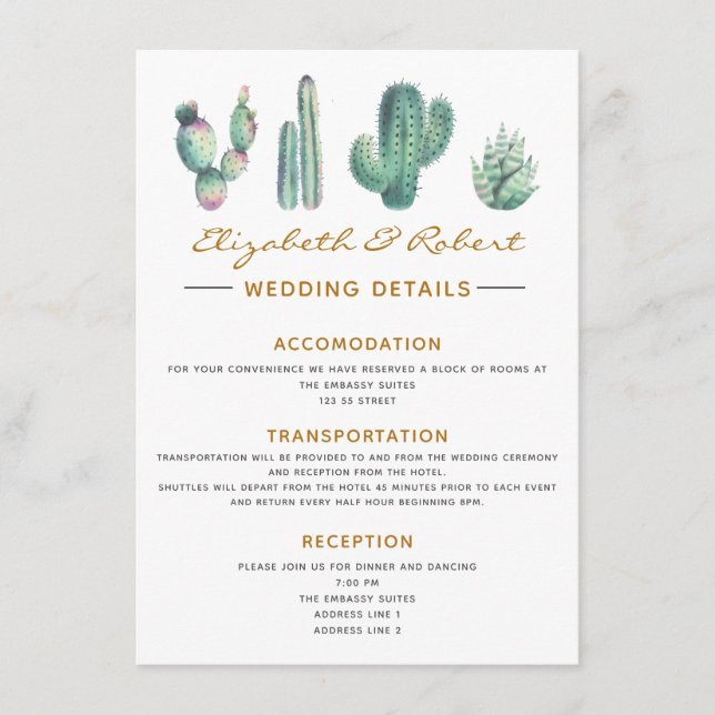 Tarjeta De Recepción suculentas cactus acuarela elegantes detalles simp (Anverso)