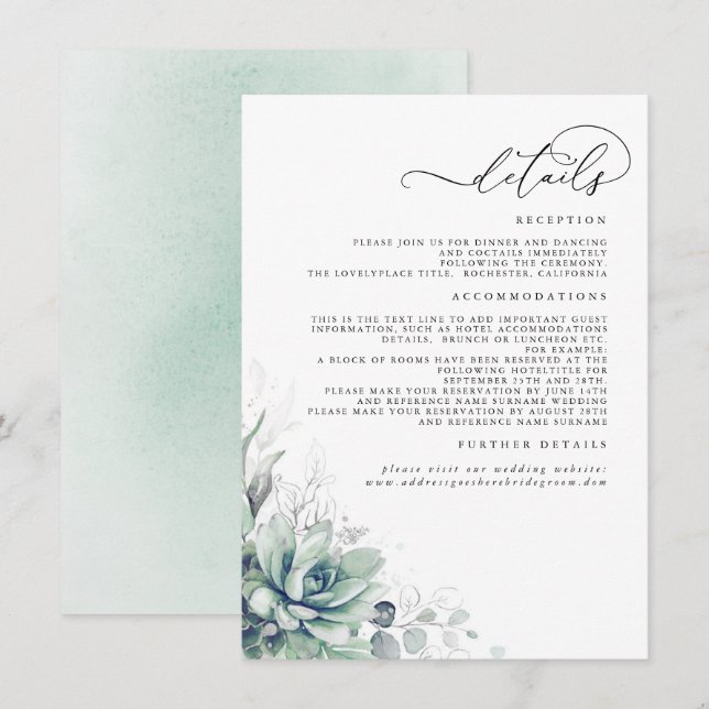 Tarjeta De Recepción Suculentas hojas de plata verde Boda detalles (Anverso / Reverso)