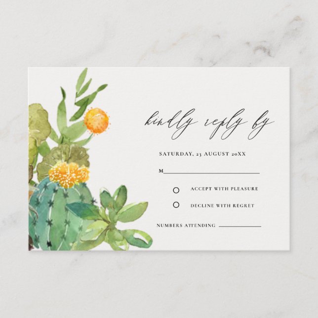 Tarjeta De Recepción Suculento Cactus Boda de Foliaje Amarillo RSVP (Anverso)