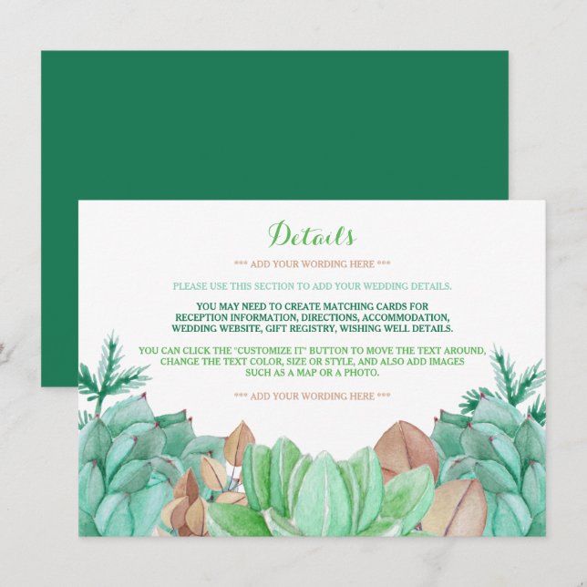 Tarjeta De Recepción Suculento detalle de Boda de flores botánicas Bouq (Anverso / Reverso)