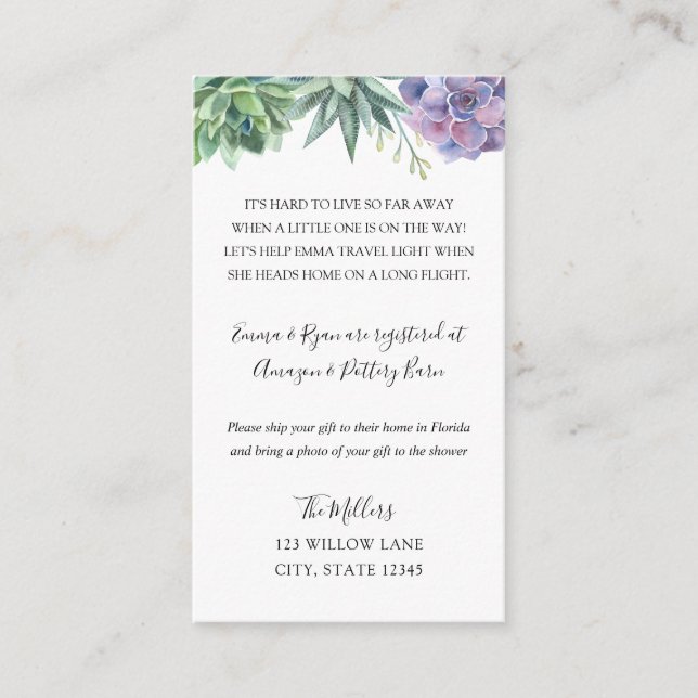 Tarjeta De Recepción Suculentos inserto de ducha de bebé de larga dista (Anverso)