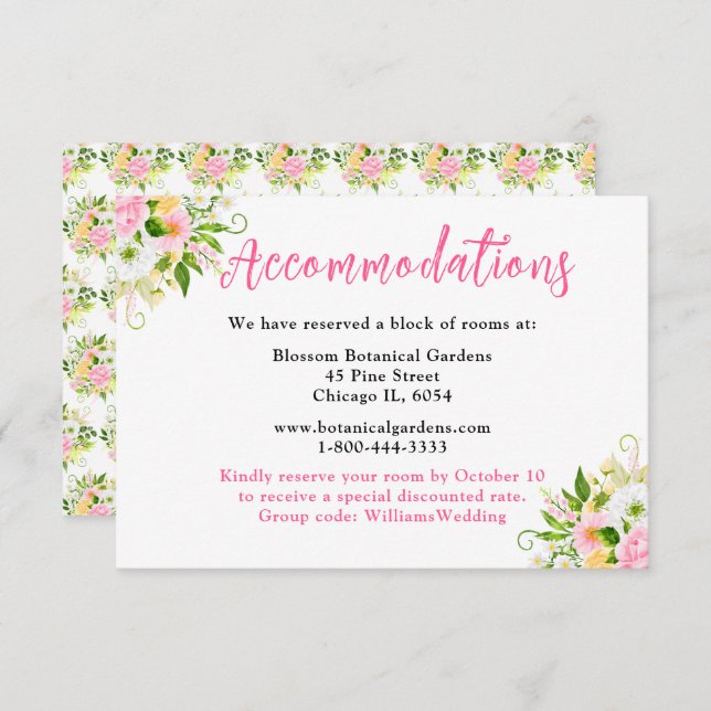Tarjeta De Recepción Summer Pink Yellow Floral Wedding Accommodations (Anverso / Reverso)