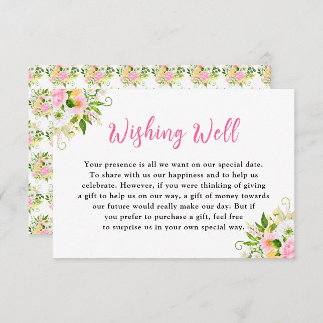 Tarjeta De Recepción Summer Pink Yellow Floral Wedding Wishing Well (Anverso / Reverso)