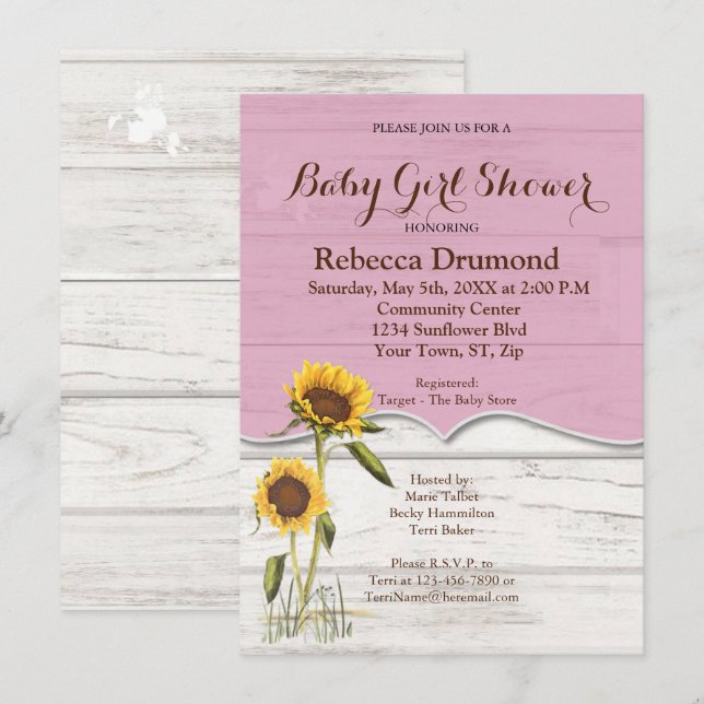 Tarjeta De Recepción Sunflower Baby Girl Shower Whitewart Wood (Anverso / Reverso)