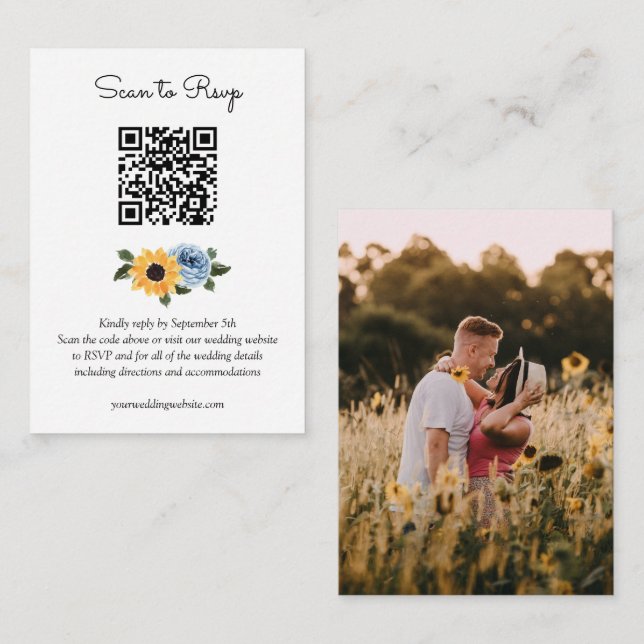Tarjeta De Recepción Sunflower Dusty Azul Rústico Boda QR Código RSVP (Anverso / Reverso)