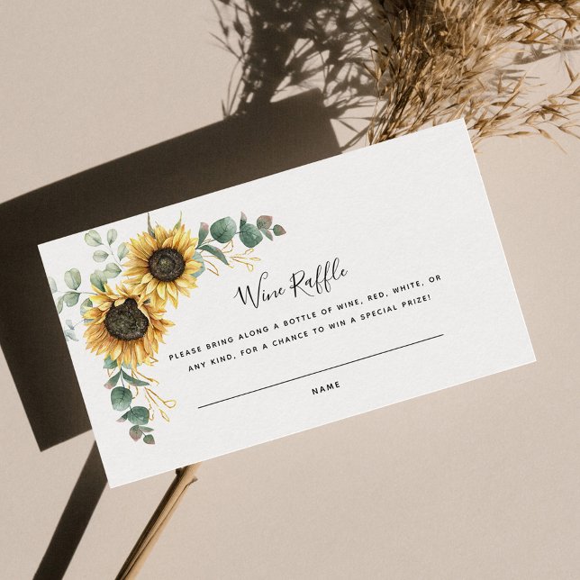 Tarjeta De Recepción Sunflower Eucalyptus Bridal Shower Wine Raffle (Floral Sunflower Eucalyptus Script Bridal Shower Wine Raffle Enclosure Card)