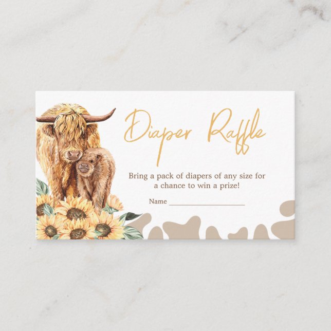 Tarjeta De Recepción Sunflower Highland Cow Baby Shower Diaper Raffle (Anverso)