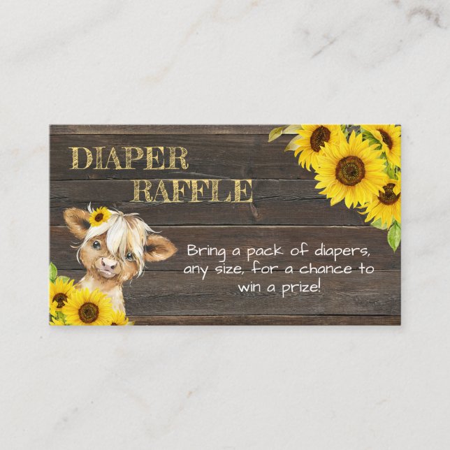 Tarjeta De Recepción Sunflower Highland Cow Baby Shower Diaper Raffle (Anverso)