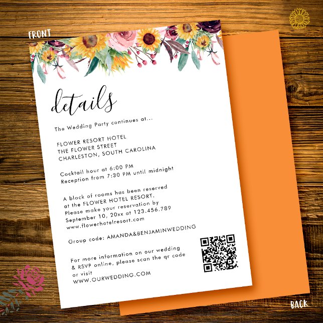 Tarjeta De Recepción Sunflower Rose Burgundy Rustic QR Code Wedding (Subido por el creador)