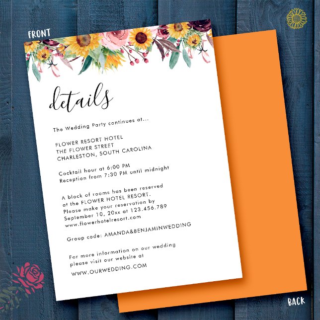 Tarjeta De Recepción Sunflower Rose Burgundy Rustic Wedding Details (Subido por el creador)