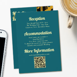 Tarjeta De Recepción Sunflower Teal Blue Gold Modern Wedding QR Code 