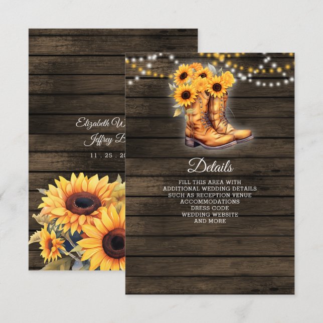 Tarjeta De Recepción Sunflowers Cowboy Boots Barn Wood Boda Occidental (Anverso / Reverso)