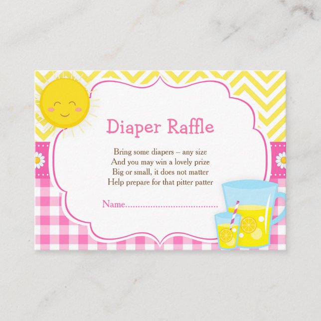 Tarjeta De Recepción Sunshine & Lemonade Raffle de pañal rosa y amarill (Anverso)