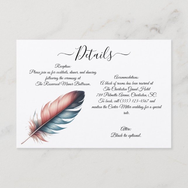 Tarjeta De Recepción Susurros de Grace Feathered Elegance Minimalismo (Anverso)