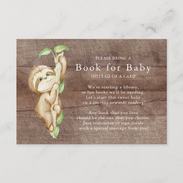 Tarjeta De Recepción Sweet Sloth Baby Shower Book for Baby Card (Anverso)