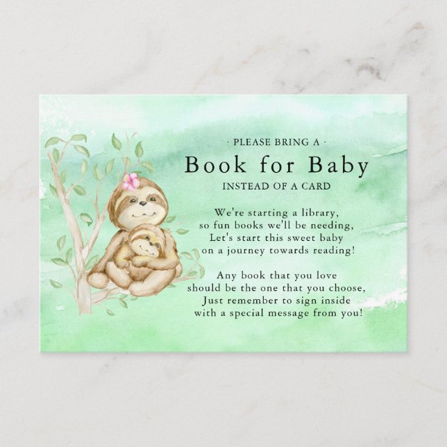 Tarjeta De Recepción Sweet Sloth Baby Shower Book for Baby Card (Anverso)